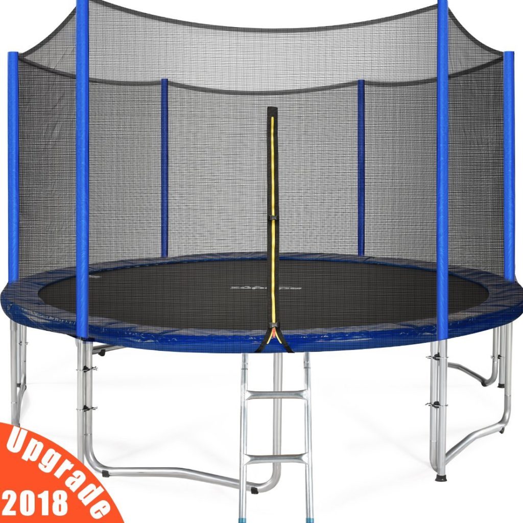 Zupapa 15 14 12 Ft TUV Approved Trampoline with Enclosure Net and Pole and Safety Pad and Ladder and Jumping Mat and Rain Cover 108 Springs Size 15 Feet